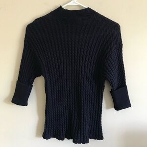 VINTAGE Sz Large Saks Fifth Ave Navy Cable Knit Mock Neck Sweater 100% Cotton